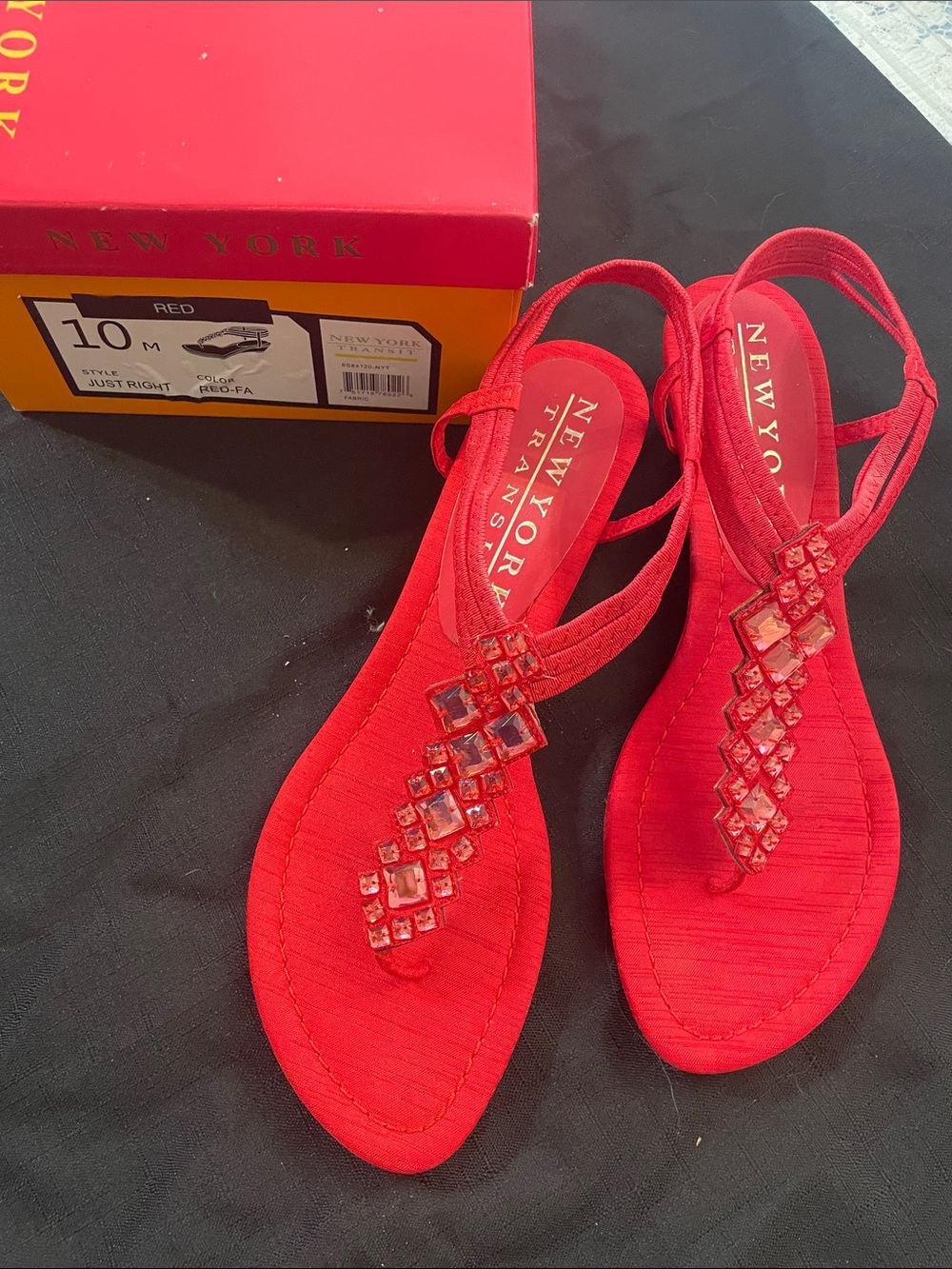 New York Transit Red Jeweled T-Strap Sandals